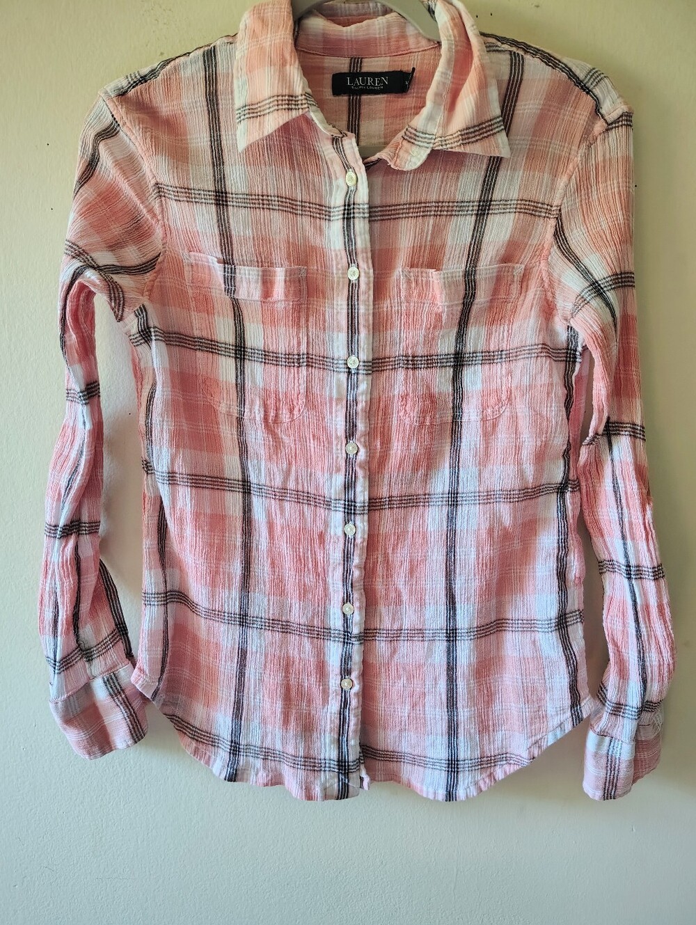 Lauren Ralph Lauren Pink Plaid Gauze Button Down Shirt Medium Lightweight Flowy
